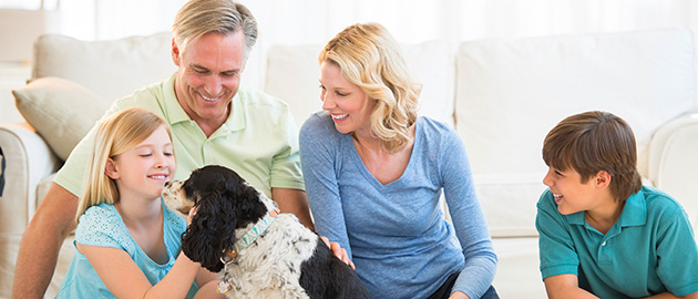 Happy little girl playing with dog while family looking at her in living room