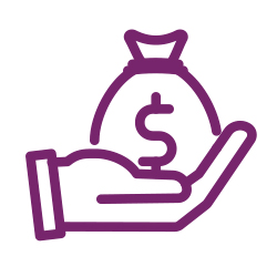 purple outline hand with money bag