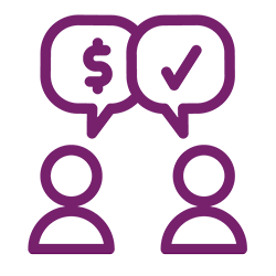 purple outline of two people with chat bubbles over their heads