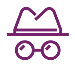 purple outline of a pair of glasses and fedora hat