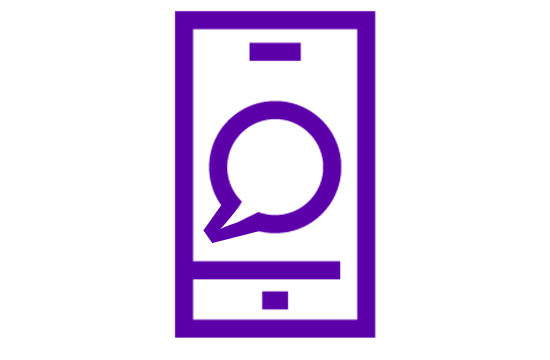 purple line drawing of phone with chat bubble