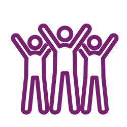 purple outline of three people with arms in the air