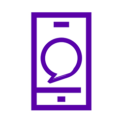 purple outline of mobile phone with speech bubble on screen