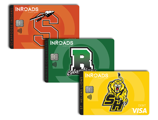 image of the three high school debit cards - orange with a large S and spear, yellow with a large lion and green with a large R