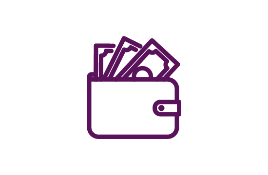line icon of a wallet with dollar bills coming out the top