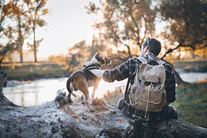 Man hiker and his dog taking a rest from walking, sitting by the river, enjoying the view and sunset