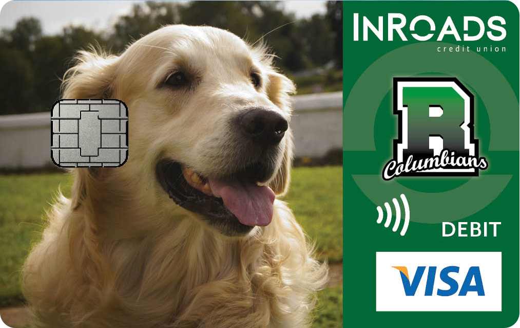 debit card with picture of dog, inroads logo and rainier columbians logo