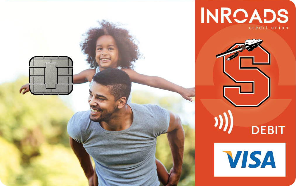 debit card with photo of father carry daughter on his shoulders along with InRoads logo and Scappoose Indians logo