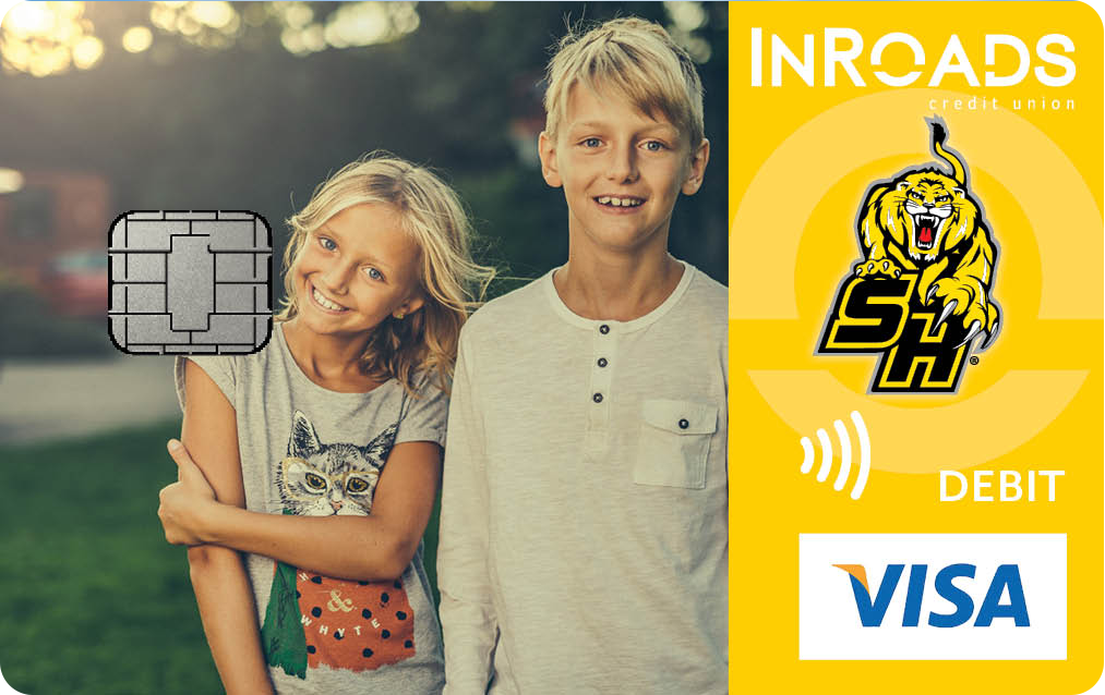 debit card with picture of young girl and boy along with inroads logo and st. helens lions logo