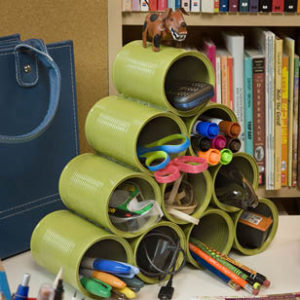 upcycled tin cans made into an organizer