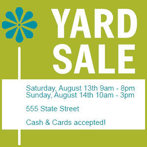 lime green and teal yard sale sign with dates times and directions for sale