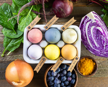 6 easter eggs dyed from natural foods like blueberries, beets, tumeric, red cabbage, etc