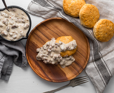Biscuits and sausage gravy. A hearty and traditional southern meal served for breakfast or brunch. Comfort food.