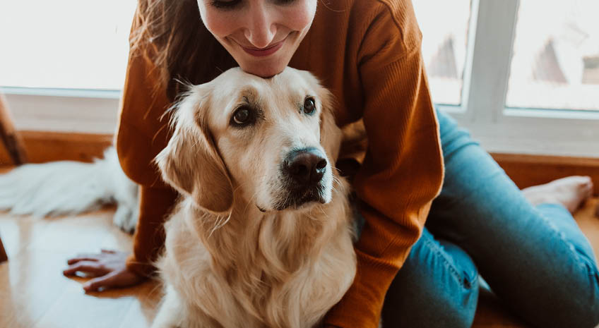 woman in brown sweater and blue jeans hugging her golden retriever dog