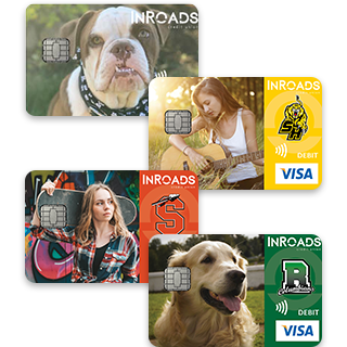 four different debit cards with pictures of dogs and people on them