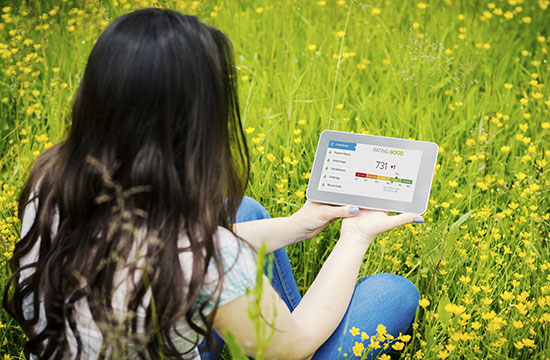 girl sitting in long grass and buttercups holding tablet showing her credit score of 731