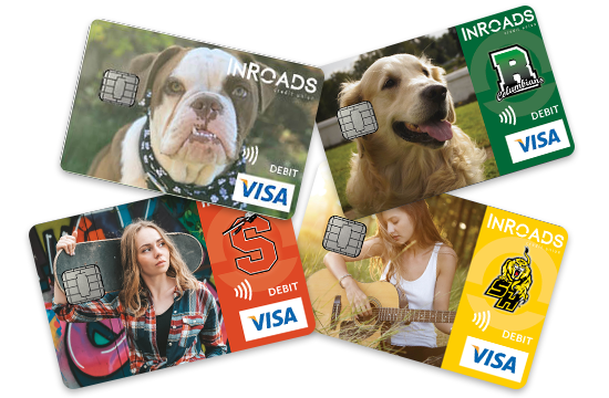four different debit cards with pictures of dogs and people on them