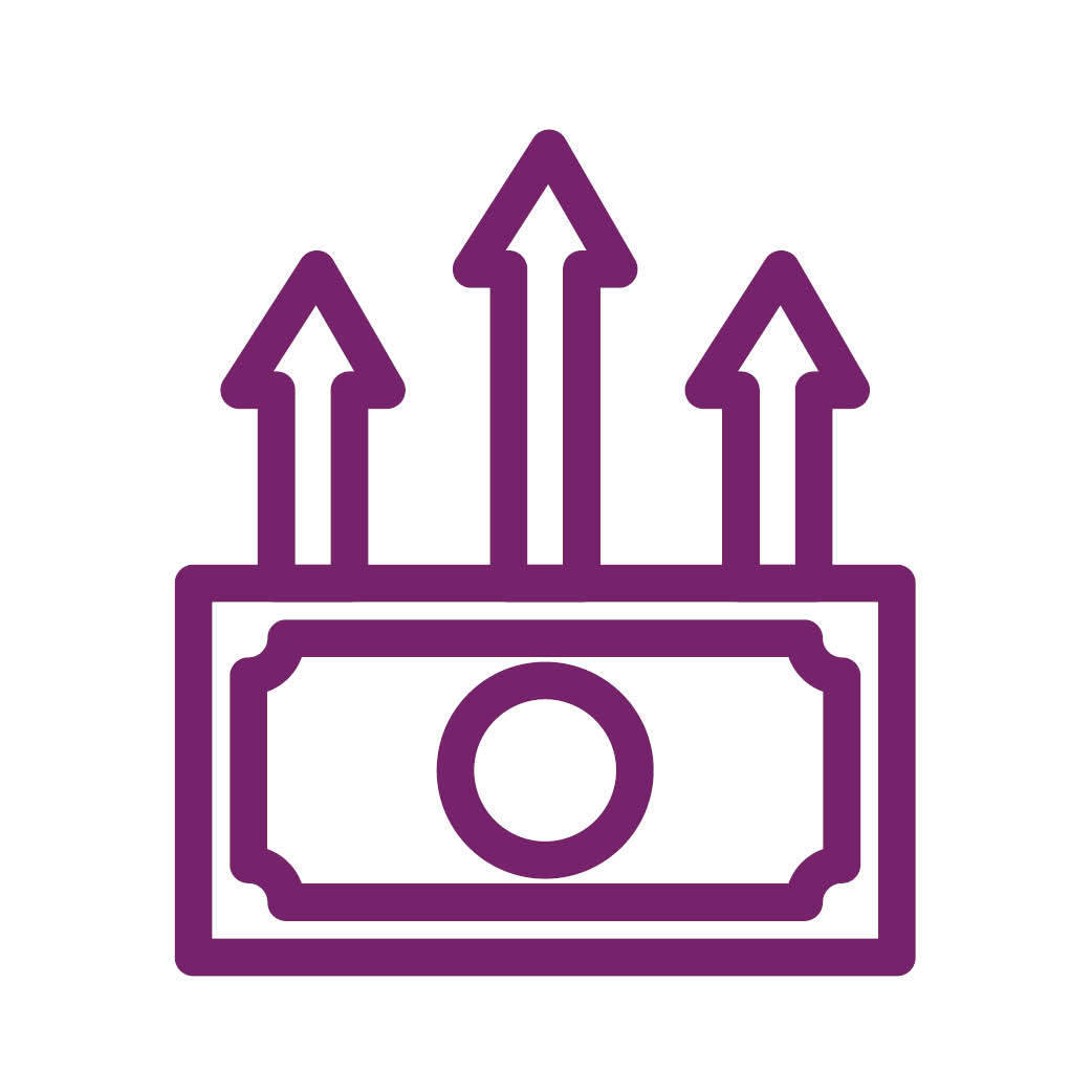 purple icon with cash and arrows