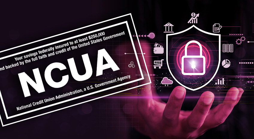 NCUA logo on dark background, next to image of a hand with security iconography